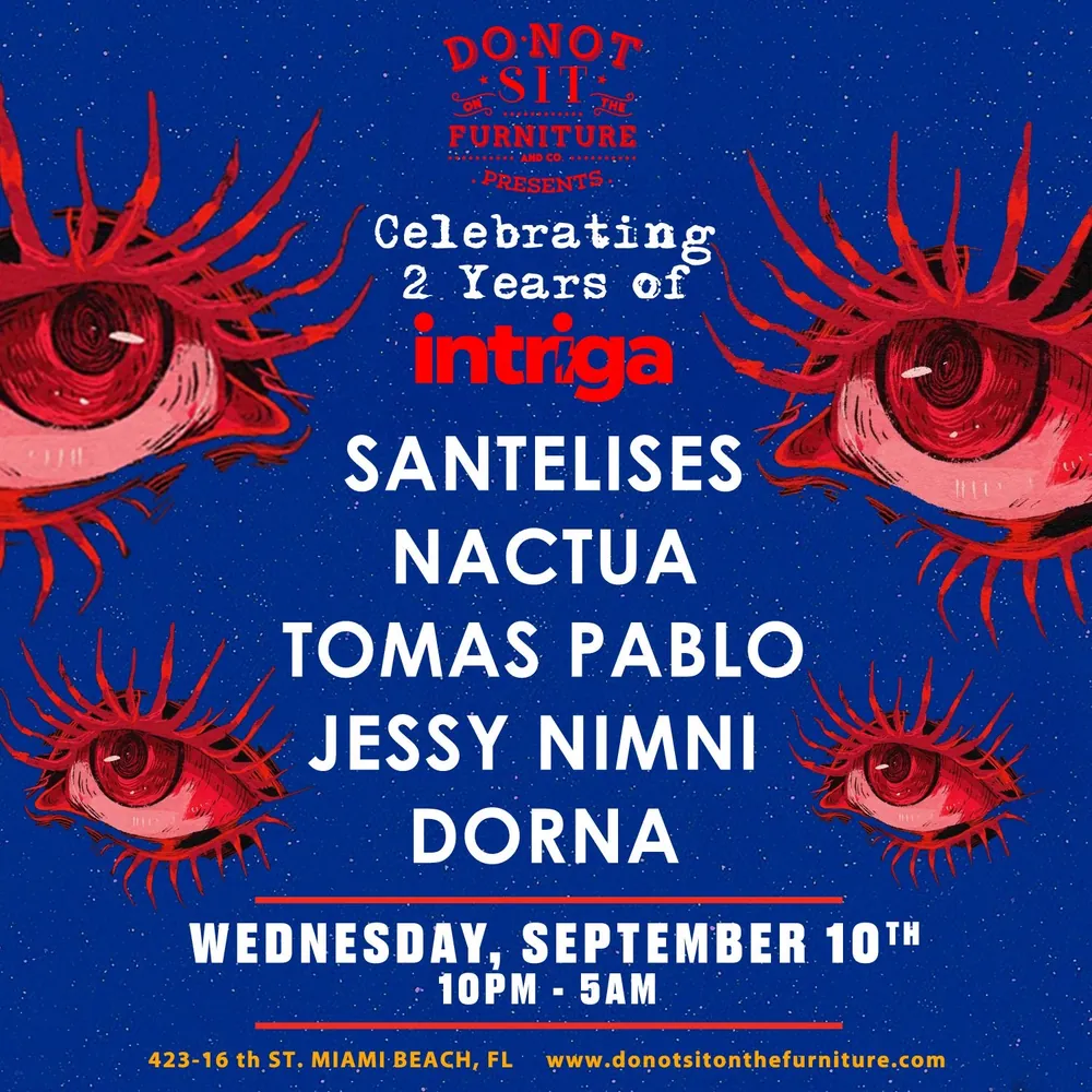 Flyer — Intriga Collective, Two Years of Intriga at Do Not Sit On The Furniture, Wed 10 Sep 2025